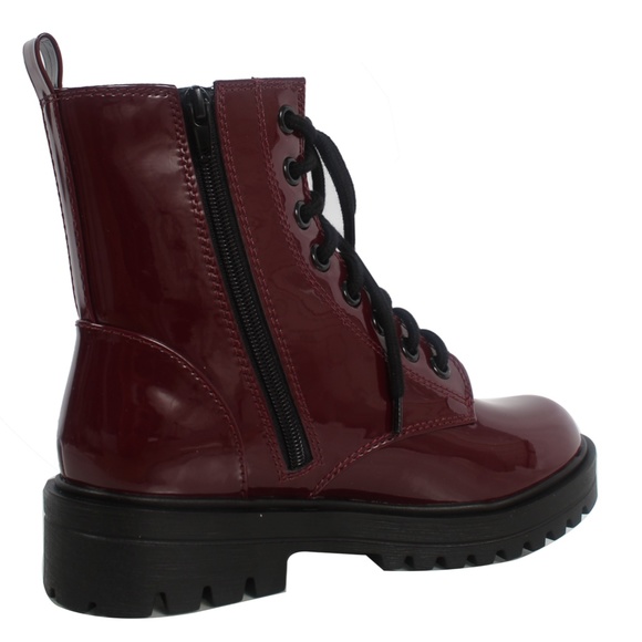 Burgundy Faux Patent Leather Combat Lace Up Ankle - Picture 3 of 5